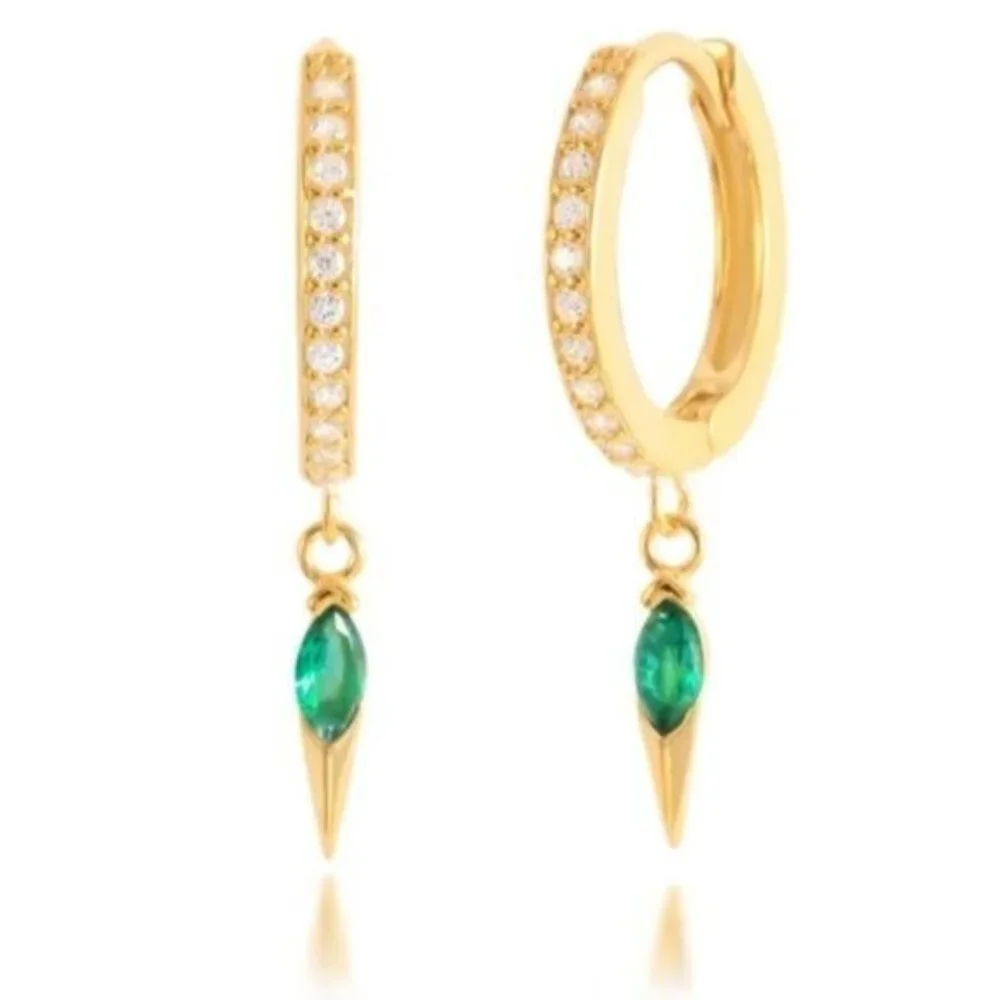 Gold Huggies with Green CZ Spike Dangle  Hypoallergenic Dainty Earrings PRETTY